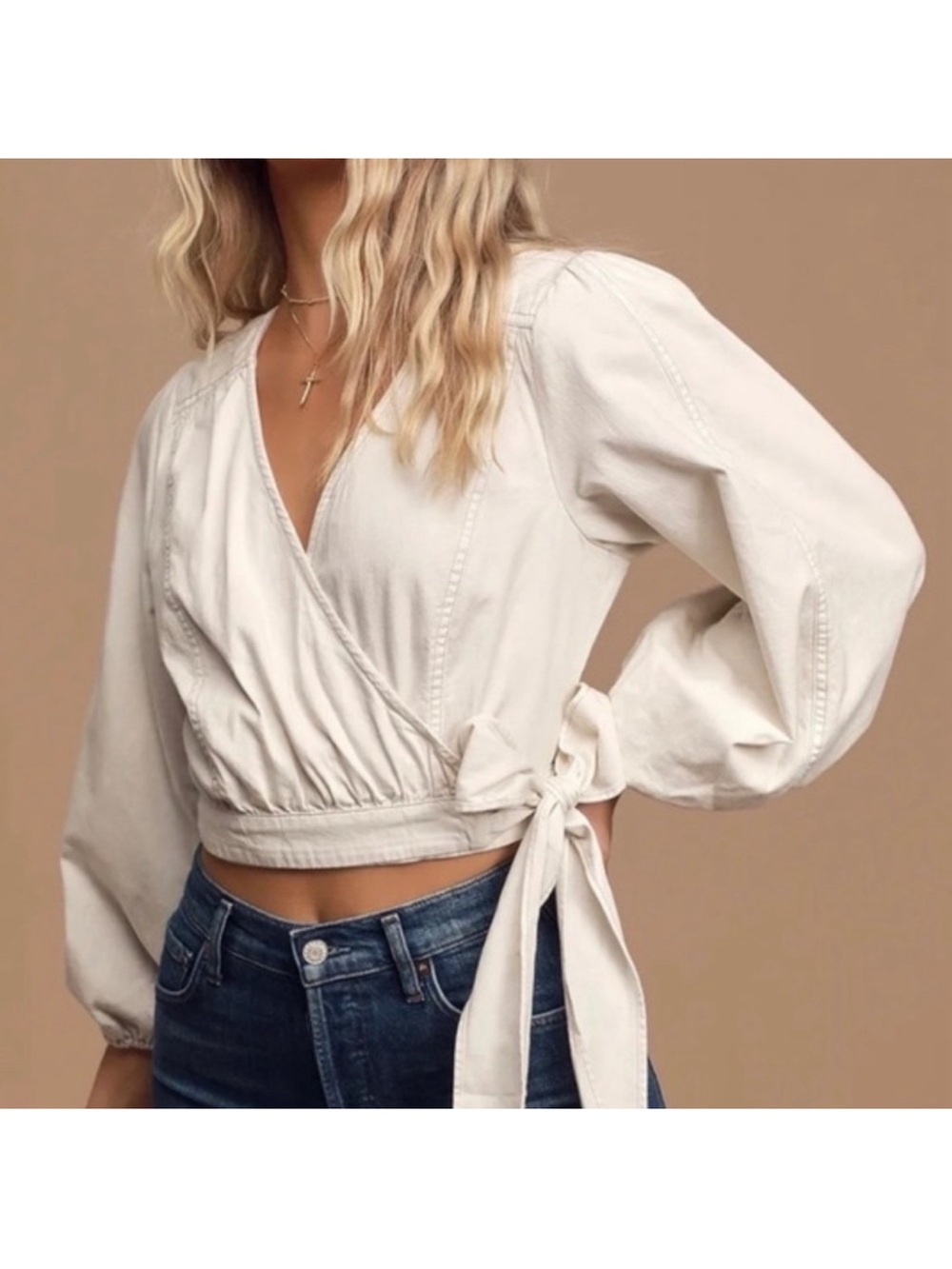 Free People Sophie Denim Balloon Sleeve Wrap Crop Top Cream M SOLD OUT ONLINE